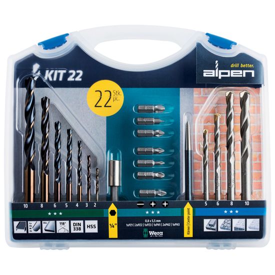 ALPEN Drill And Screwdriver Bit Set 22 Piece In Carry Case Steel & Masonry